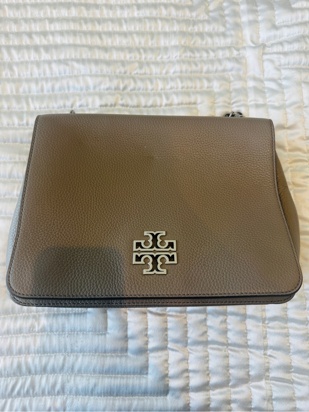 Tory Burch Pebbled Taupe Shoulder Bag with Logo